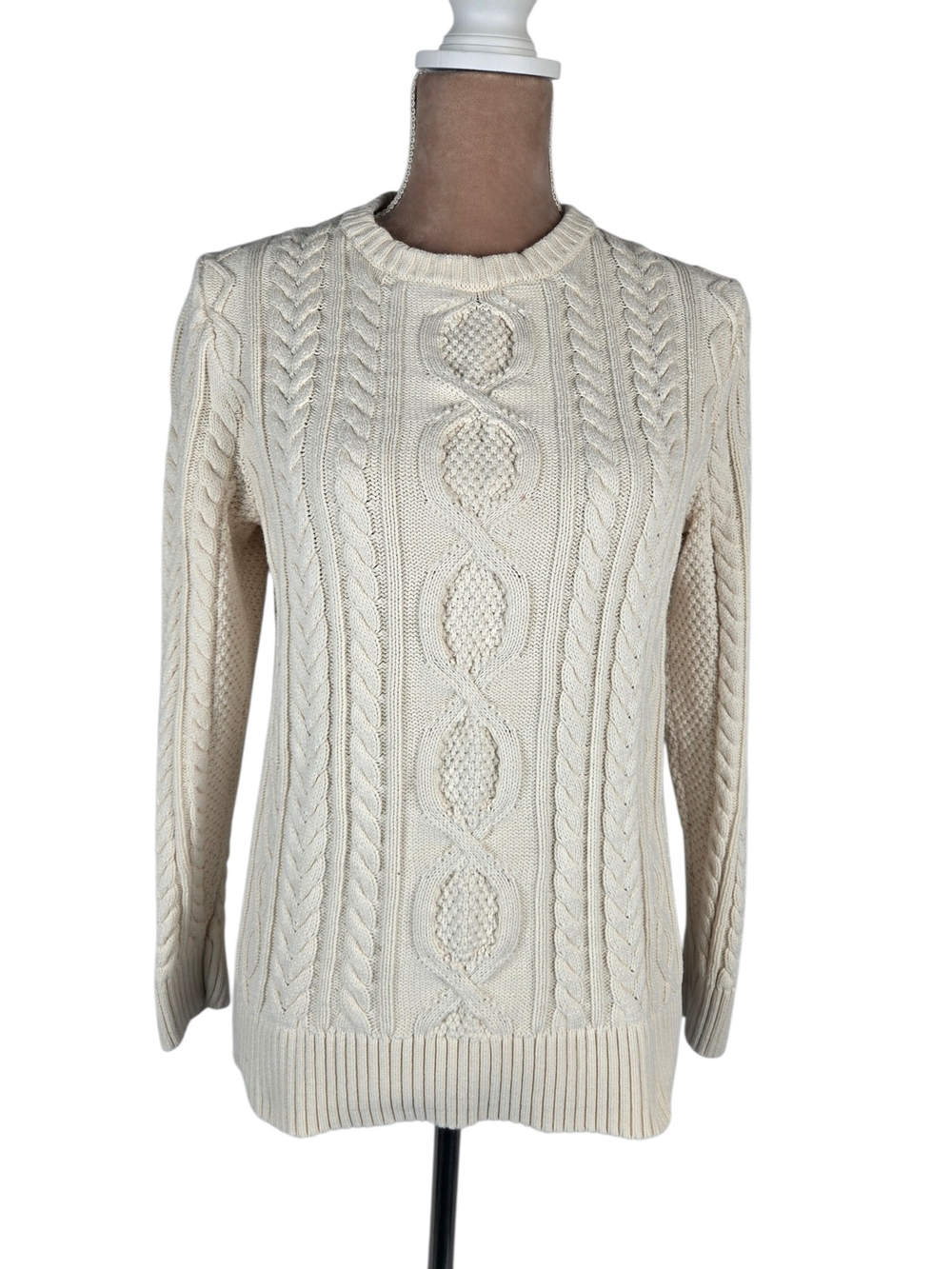 L.L.Bean Fisherman Cable Knit Sweater Organic Cotton Aran Crewneck Cream Large